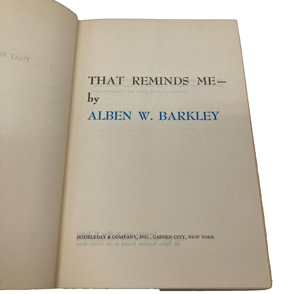 That Reminds Me by Alben W. Barkley 1954 First Edition Hardcover Autobiography